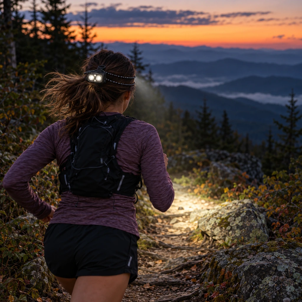 Nitecore NU25 UL headlamp on a dusk ridge run in the Great Smoky Mountains