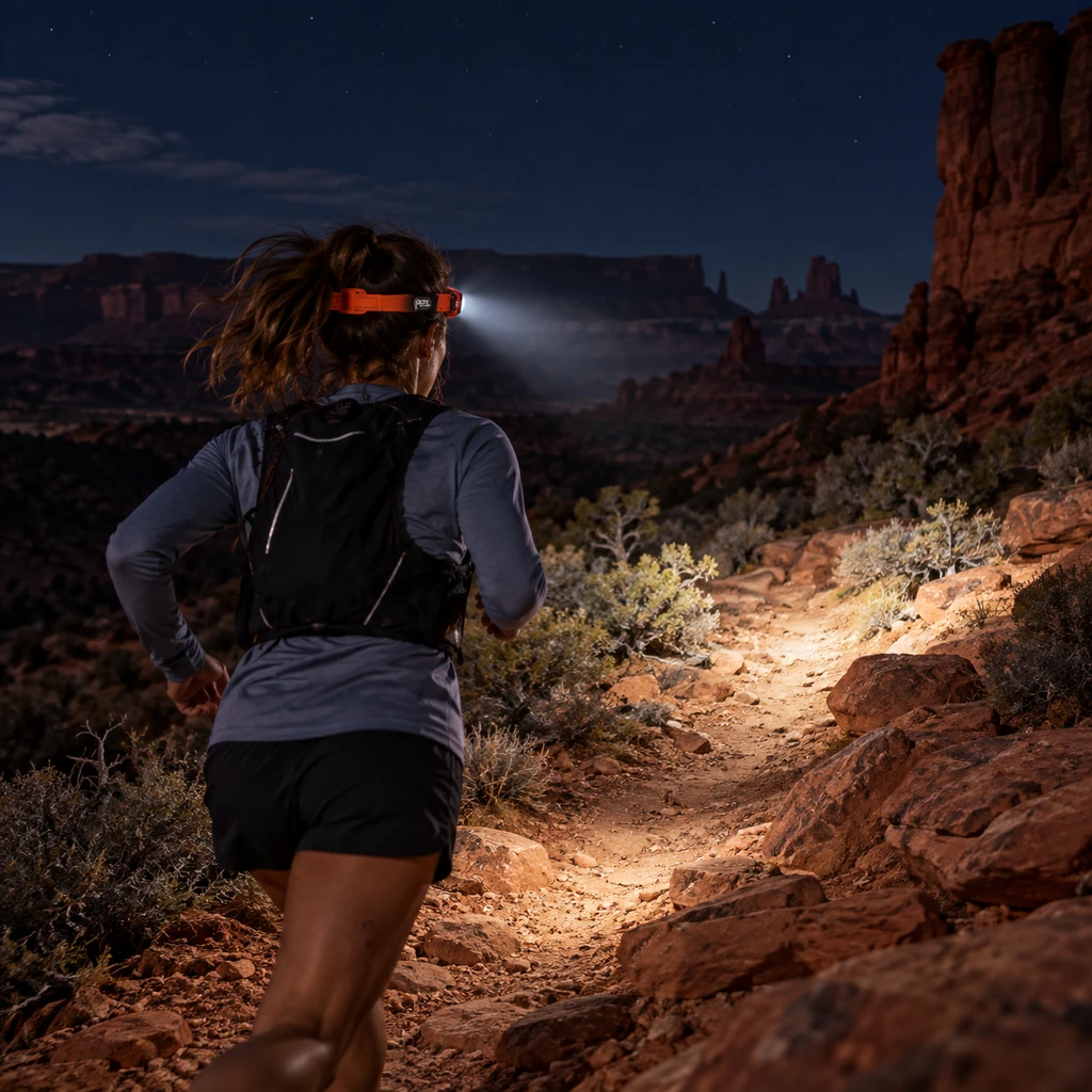 Petzl Swift RL headlamp lighting a red rock trail at night in Moab
