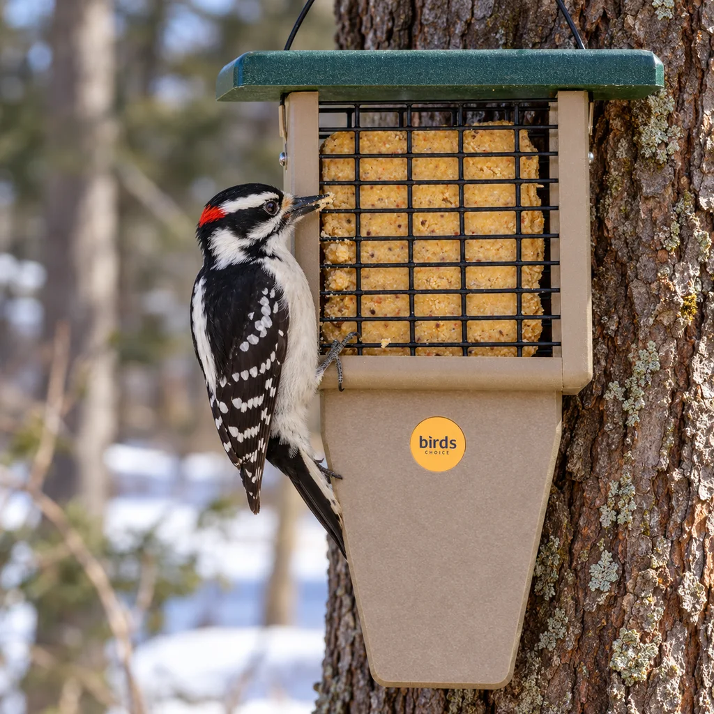 Birds Choice tail prop suet feeder with a hairy woodpecker in Vermont