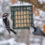 Downy woodpecker and white-breasted nuthatch at a suet cage on a snowy New England oak