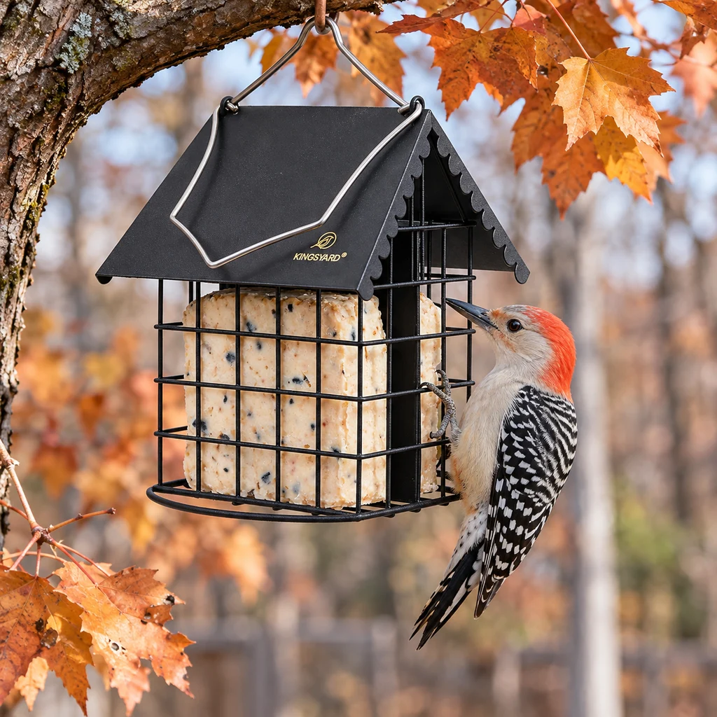 Best suet feeders in a Michigan backyard with a red-bellied woodpecker on the cage