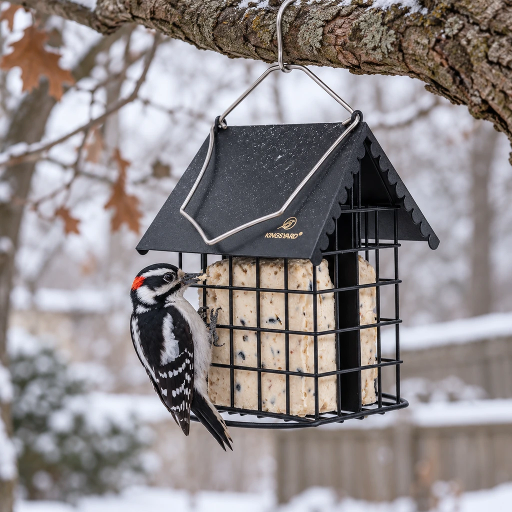 Kingsyard all metal double suet feeder with a downy woodpecker in an Ohio backyard