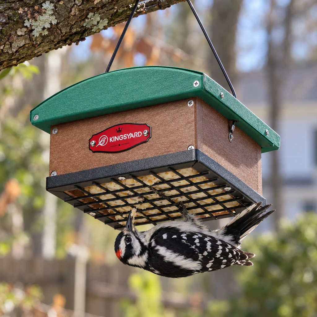 Kingsyard upside down suet feeder with a downy woodpecker feeding from below