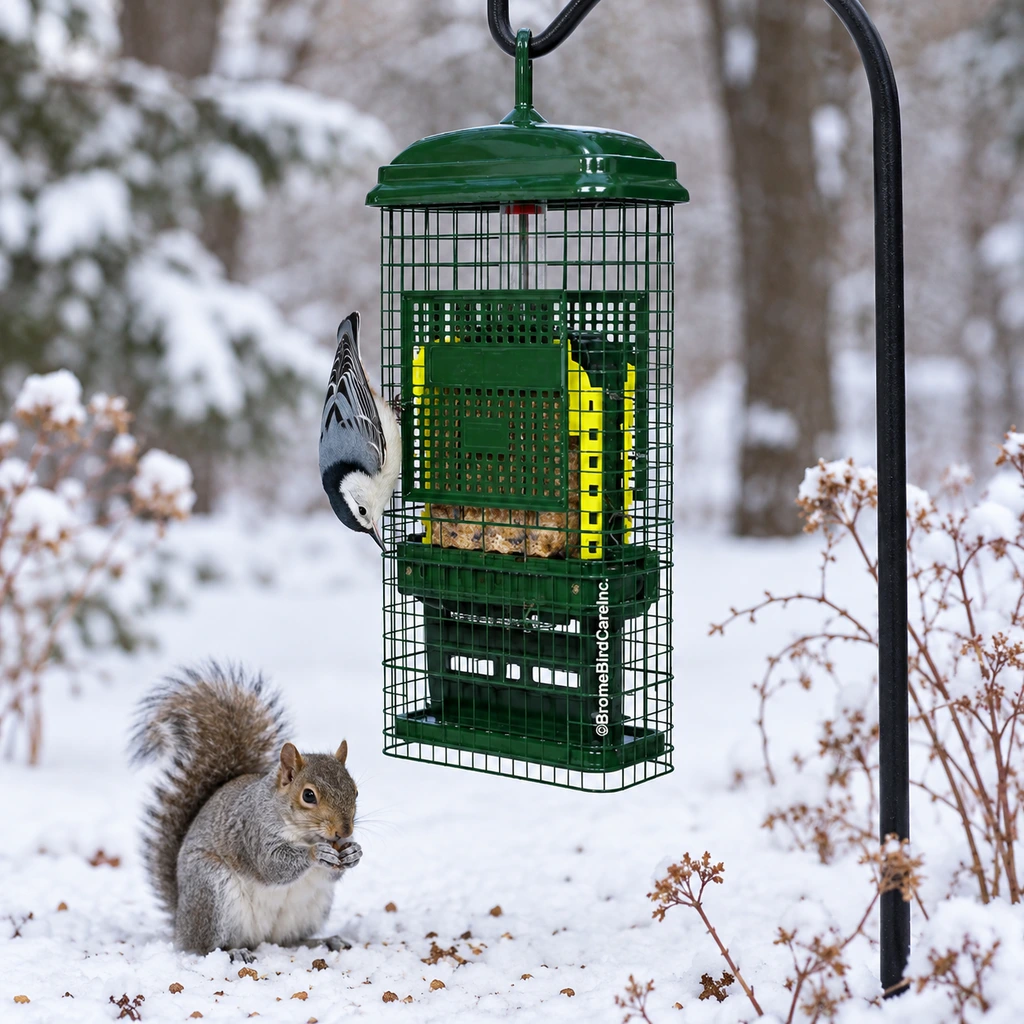 Squirrel Buster Suet feeder with a white-breasted nuthatch in a snowy Minnesota yard