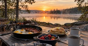 Camping breakfast spread on a lakeside picnic table at sunrise in Minnesota