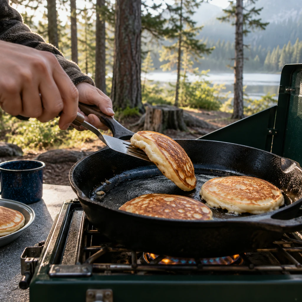 Camping breakfast ideas: flipping pancakes in a cast iron skillet on an Oregon camp stove