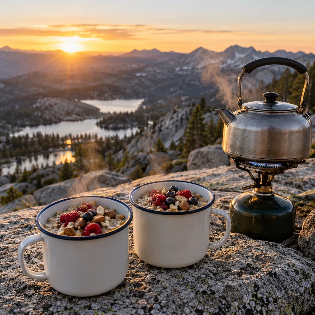 Enamel mugs of oatmeal with berries beside a steaming kettle on Sierra granite