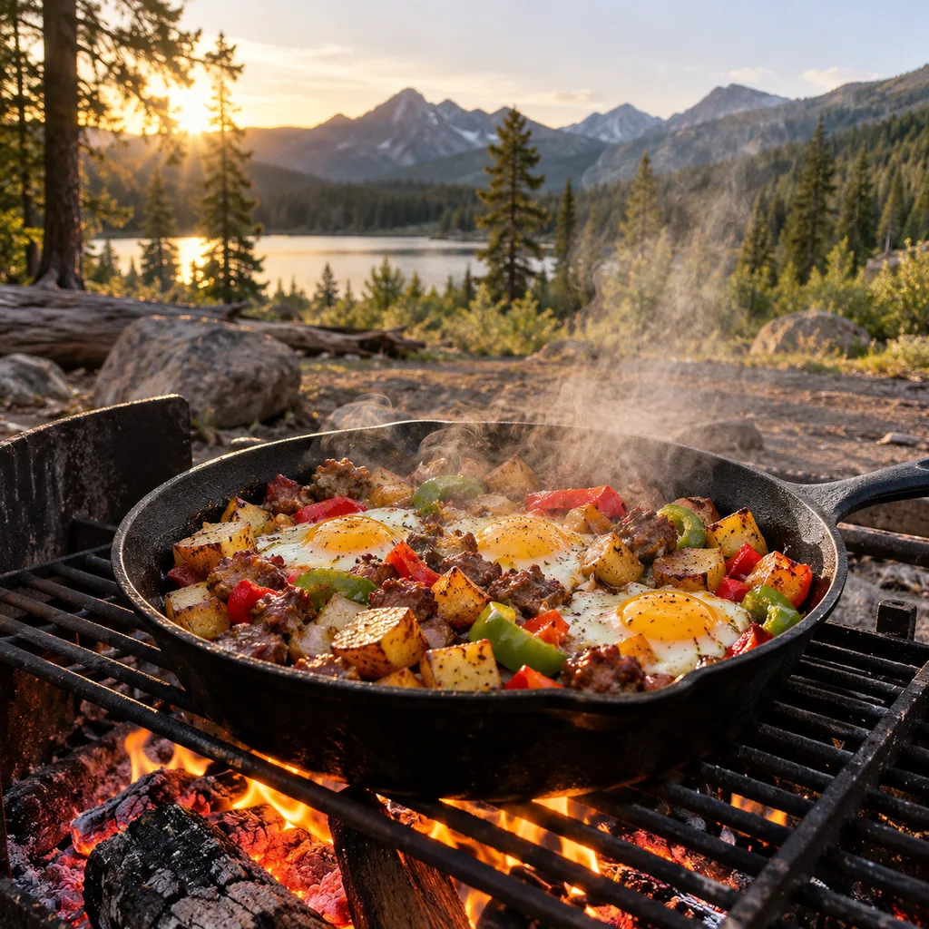 Breakfast skillet of potatoes, sausage and eggs over a campfire grate in Colorado