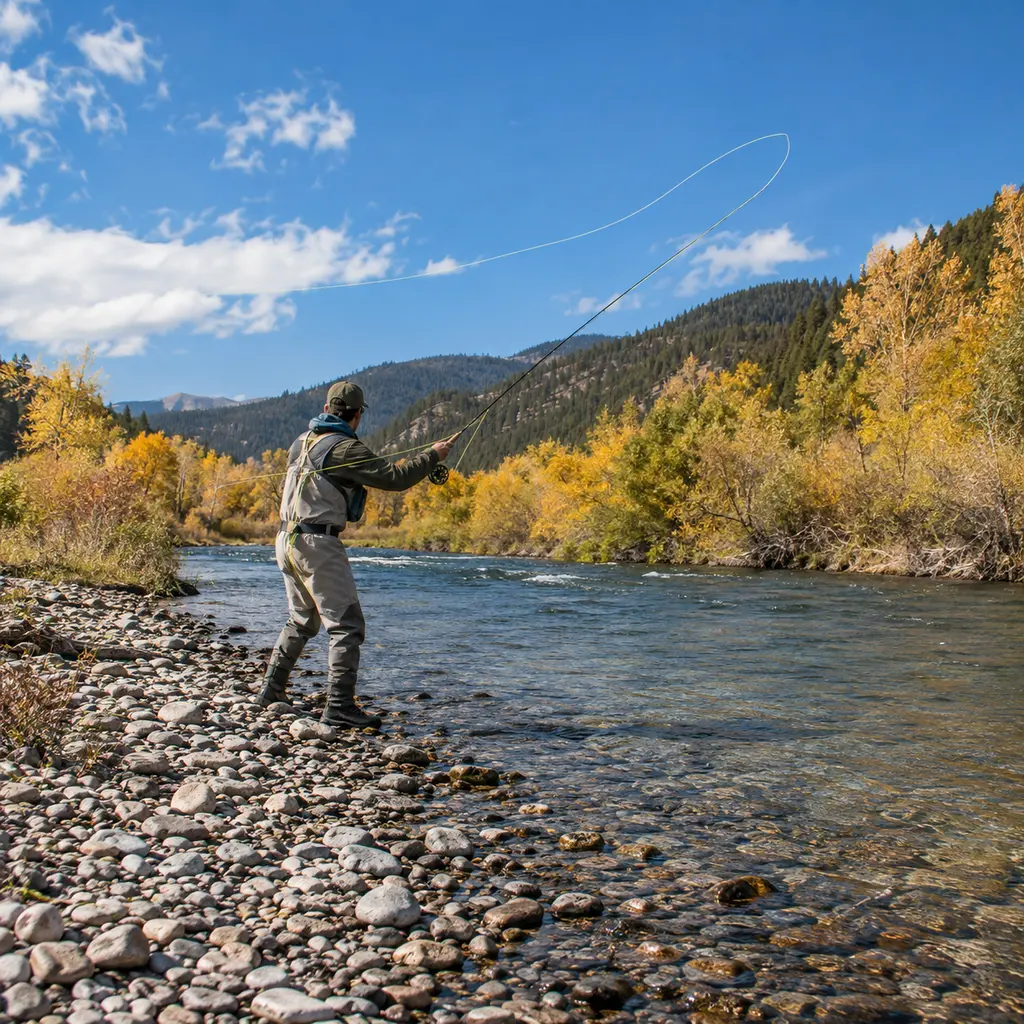 Angler making a back cast from a gravel bar on an Idaho river