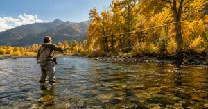 Angler casting a fly rod in a Montana trout river beside golden cottonwoods