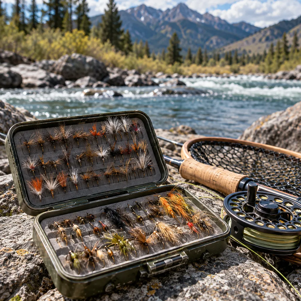 Open fly box of dry flies, nymphs and streamers on a Montana river stone