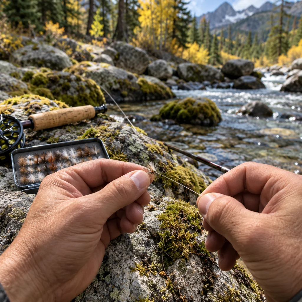 Fly fishing for beginners: hands tying a dry fly to tippet by a Colorado stream
