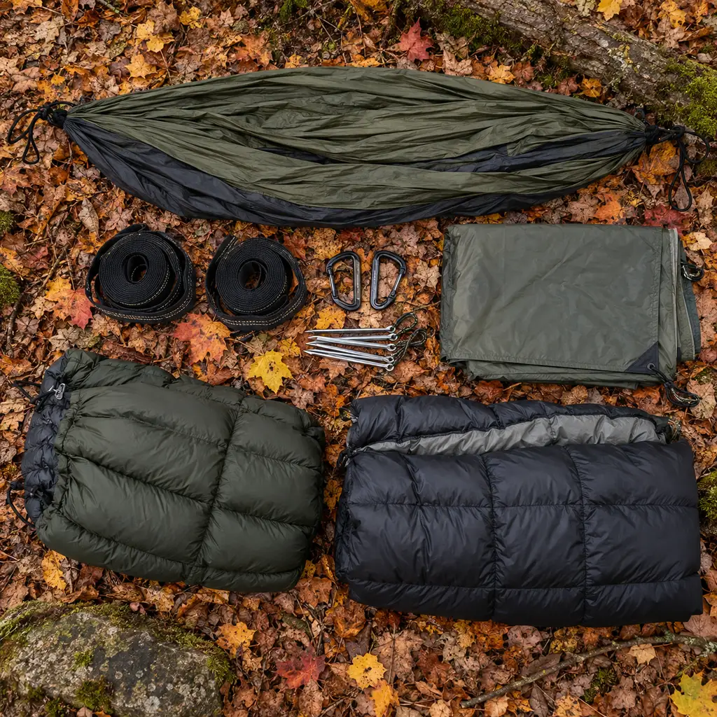 Hammock camping gear list items laid out on fallen leaves in an Appalachian forest