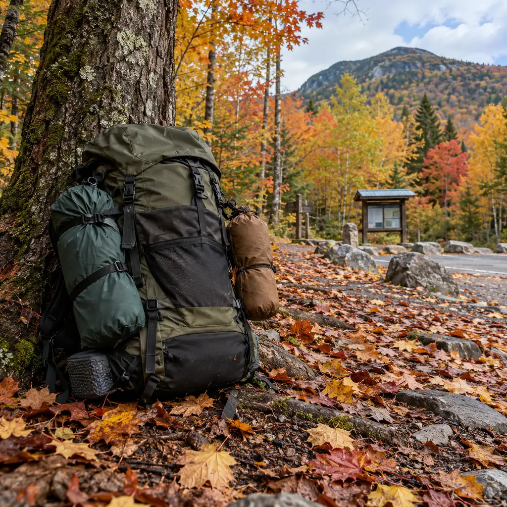 Packed backpacking pack with hammock and tarp stuff sacks at a Vermont trailhead
