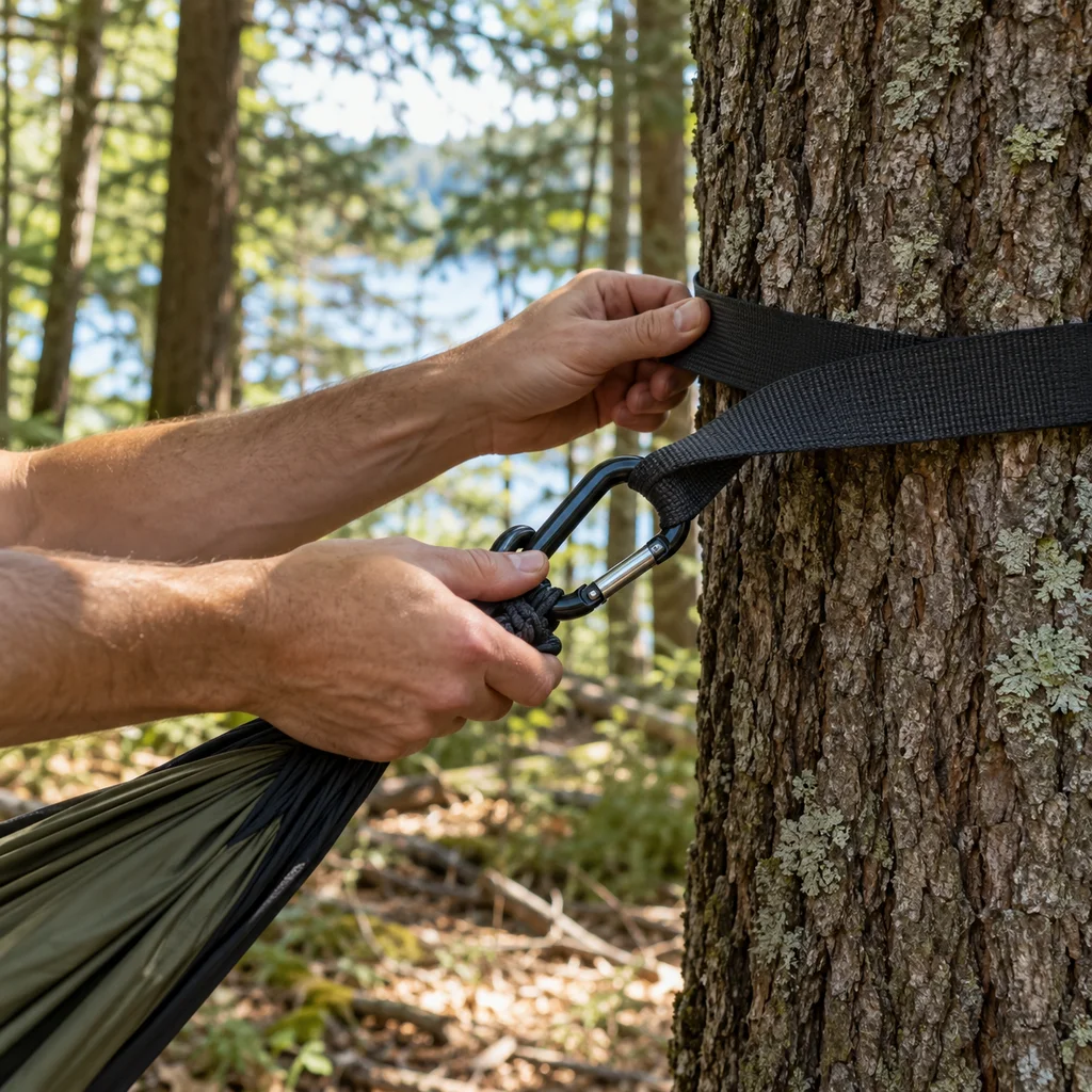Hands wrapping a wide tree strap and clipping a hammock carabiner in a Michigan forest