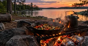 Cast iron skillet on a grate over a lakeside campfire in Minnesota at dusk