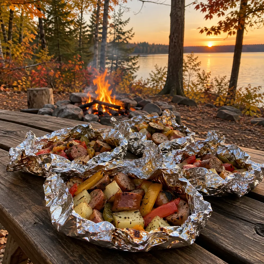 Opened foil packet meals on a picnic table at a Wisconsin campsite in fall