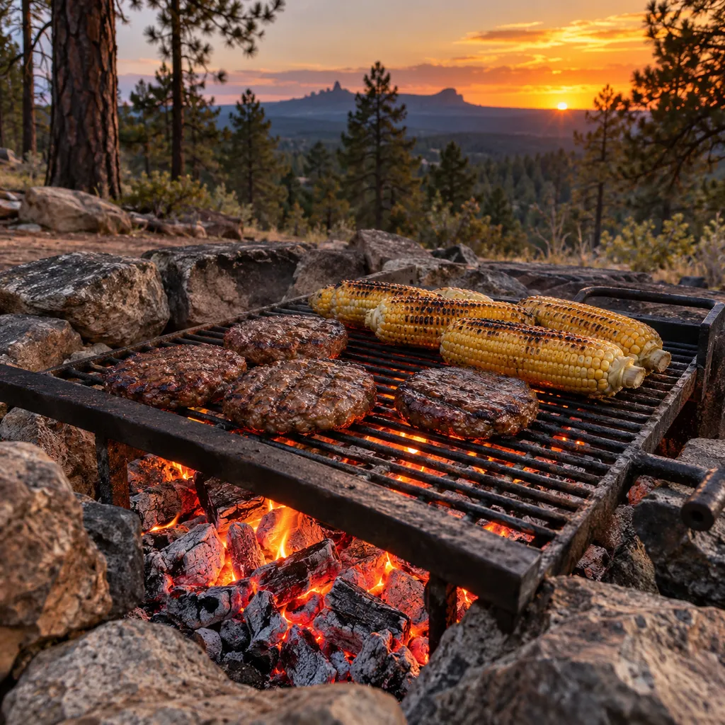 Burgers and corn cooking on a grate over coals in a stone fire ring