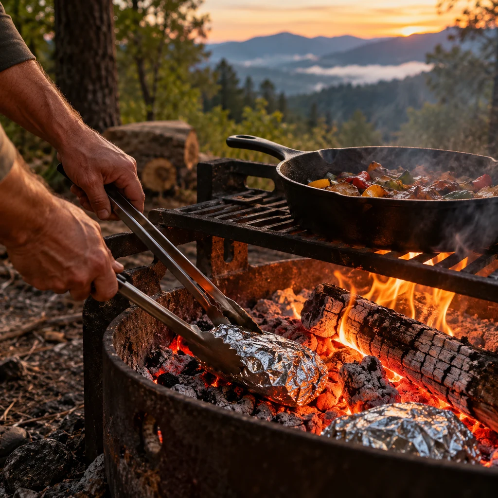 How to cook over a campfire: turning a foil packet on hot coals with tongs