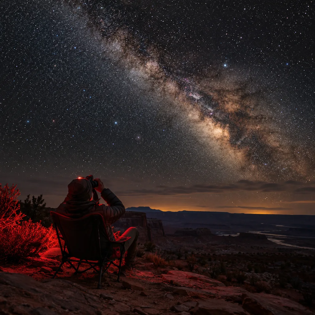 Stargazer in a camp chair scanning the autumn sky with binoculars in Utah
