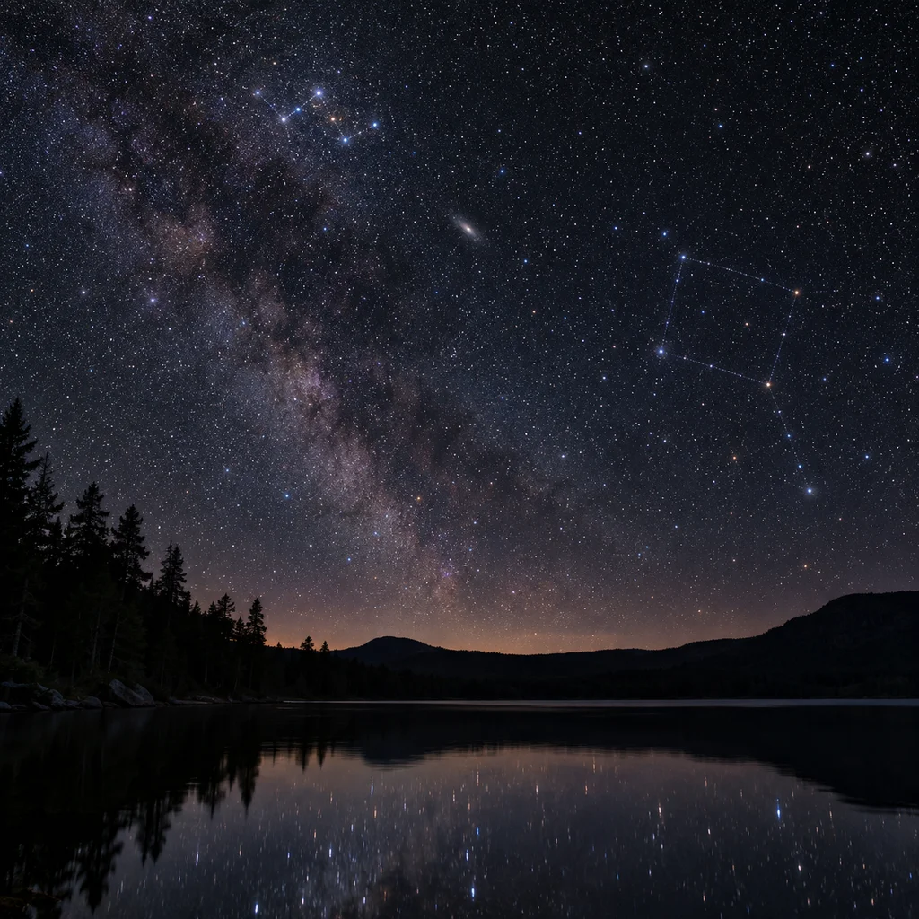 Starry autumn sky reflected in a calm Adirondack lake with faint constellation lines