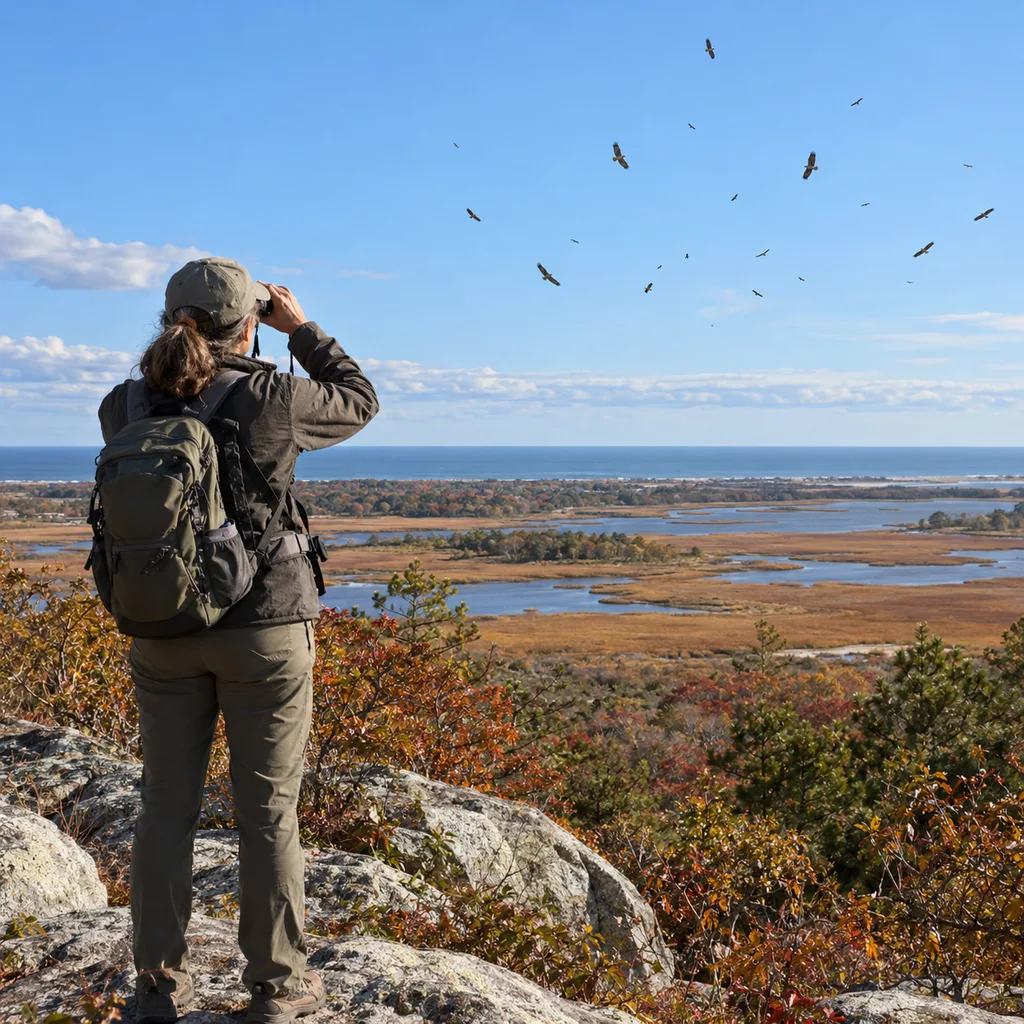 How to identify hawks: birder scanning a broad-winged hawk kettle at Cape May