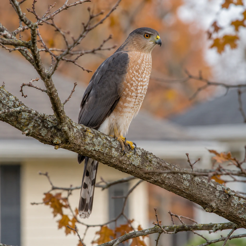 Cooper's hawk perched on a bare oak branch in an Ohio backyard in fall