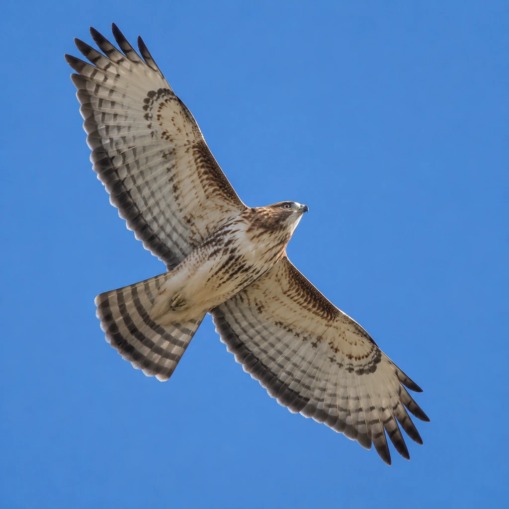Soaring hawk seen from below showing barred flight feathers and a banded tail