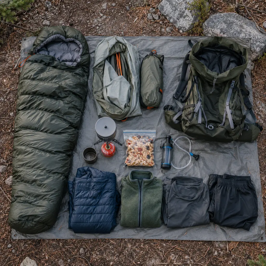 How to pack a backpacking pack: gear laid out on a tent footprint in Colorado