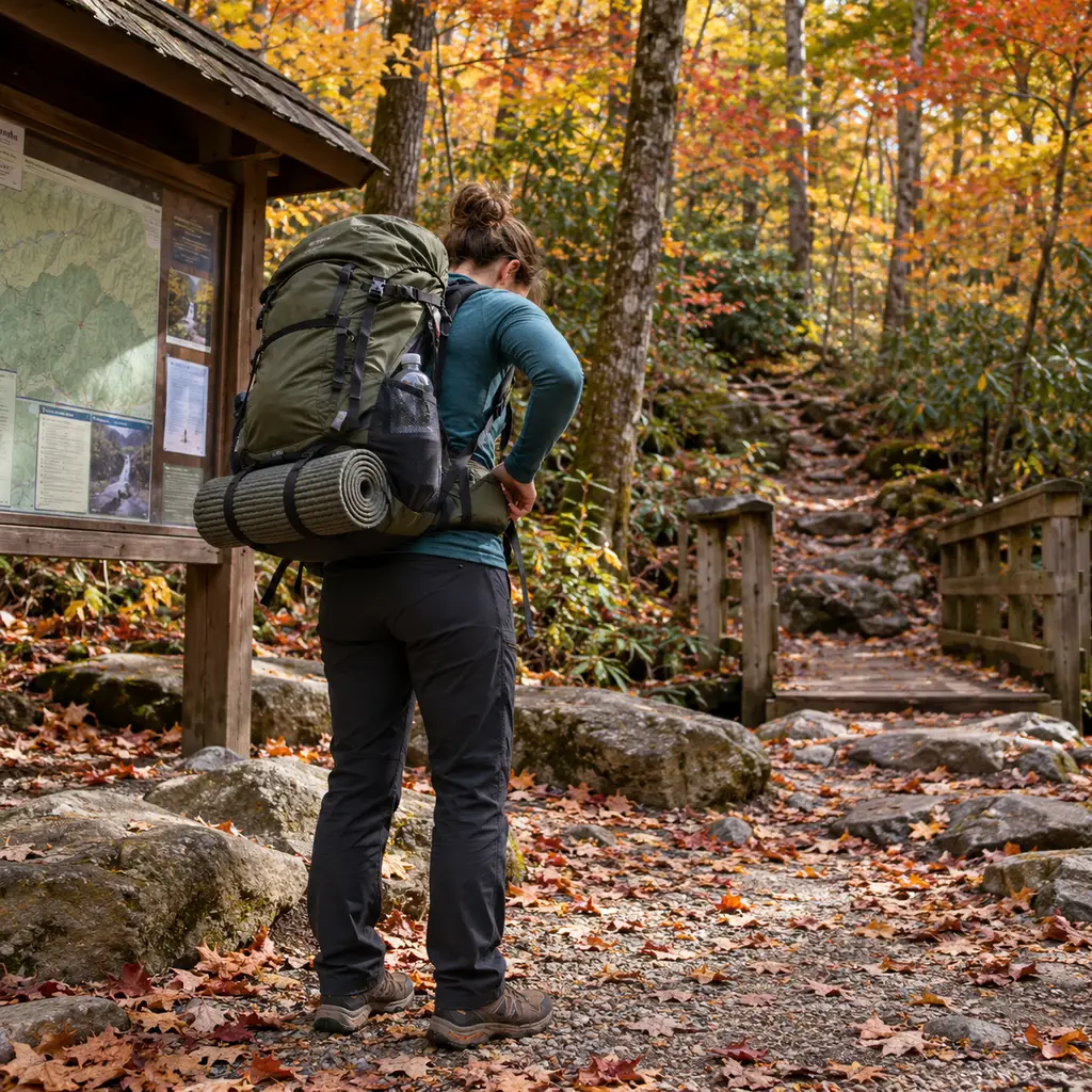 Backpacker adjusting a hip belt at a Great Smoky Mountains trailhead in fall