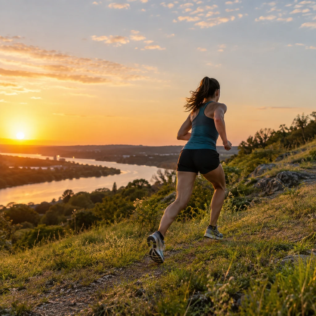 Runner doing hill repeats up a grassy park hill in Austin, Texas at sunrise