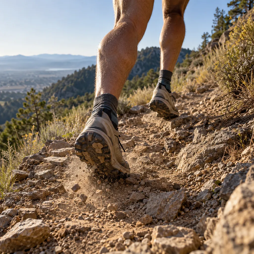 How to run uphill: trail shoes driving up a steep rocky Colorado foothills climb
