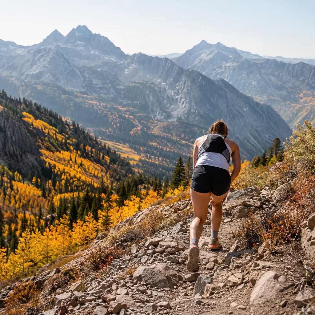Trail runner power hiking a steep Wasatch Range trail with hands pressing on thighs