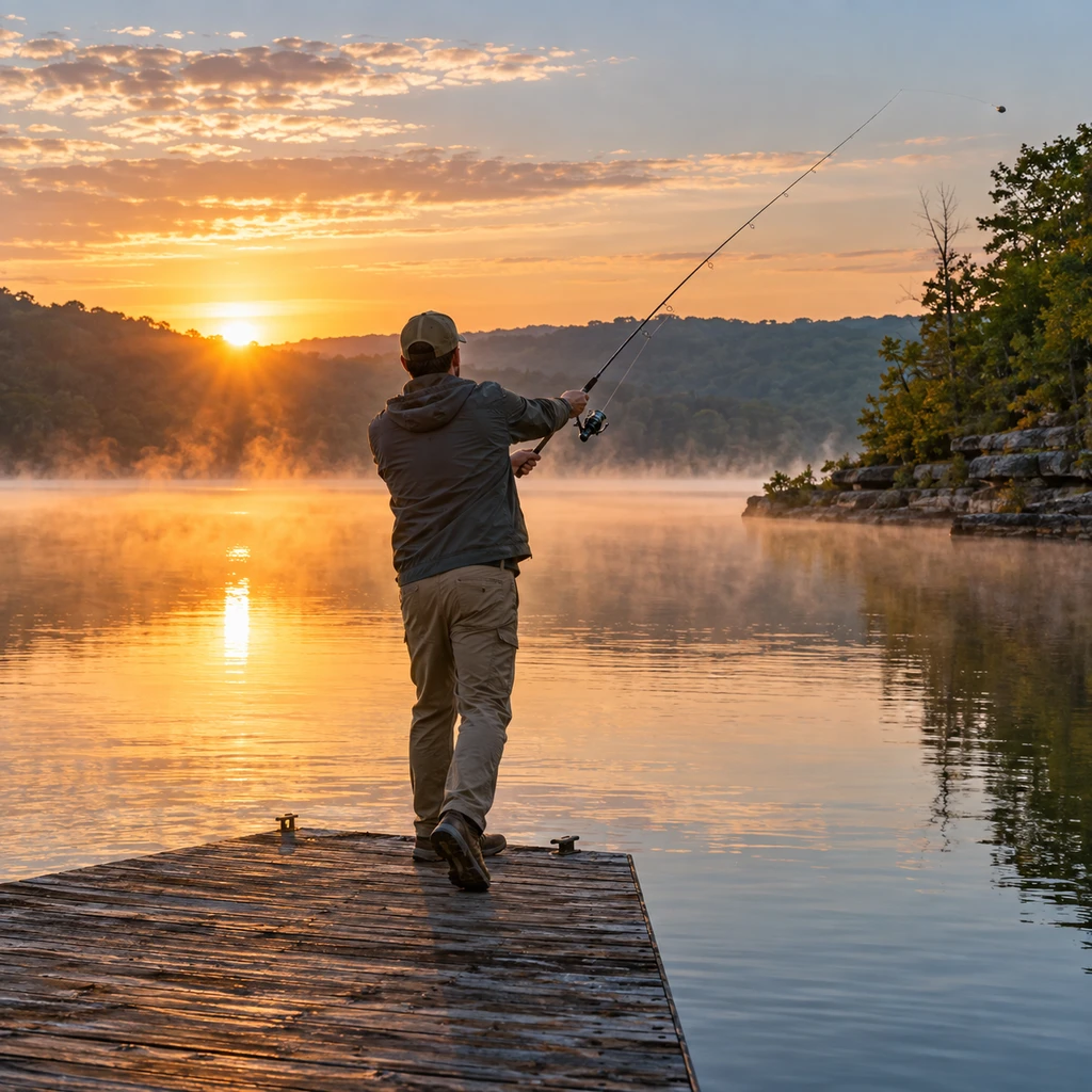 Angler casting a spinning rod from a dock on an Ozarks lake at sunrise