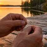 Angler's hands tying a knot onto a hook on a Minnesota dock at golden hour