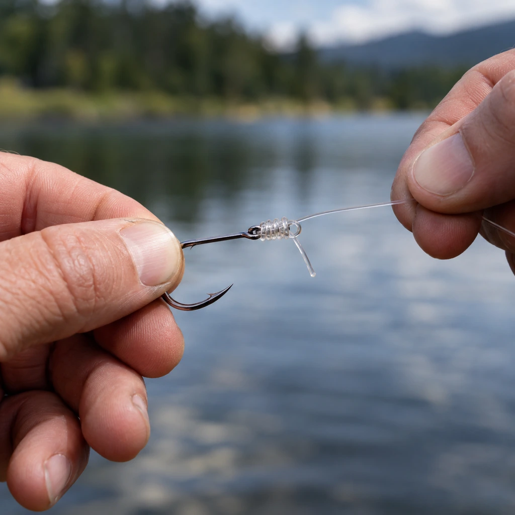 How to tie fishing knots: hands cinching an improved clinch knot on a hook