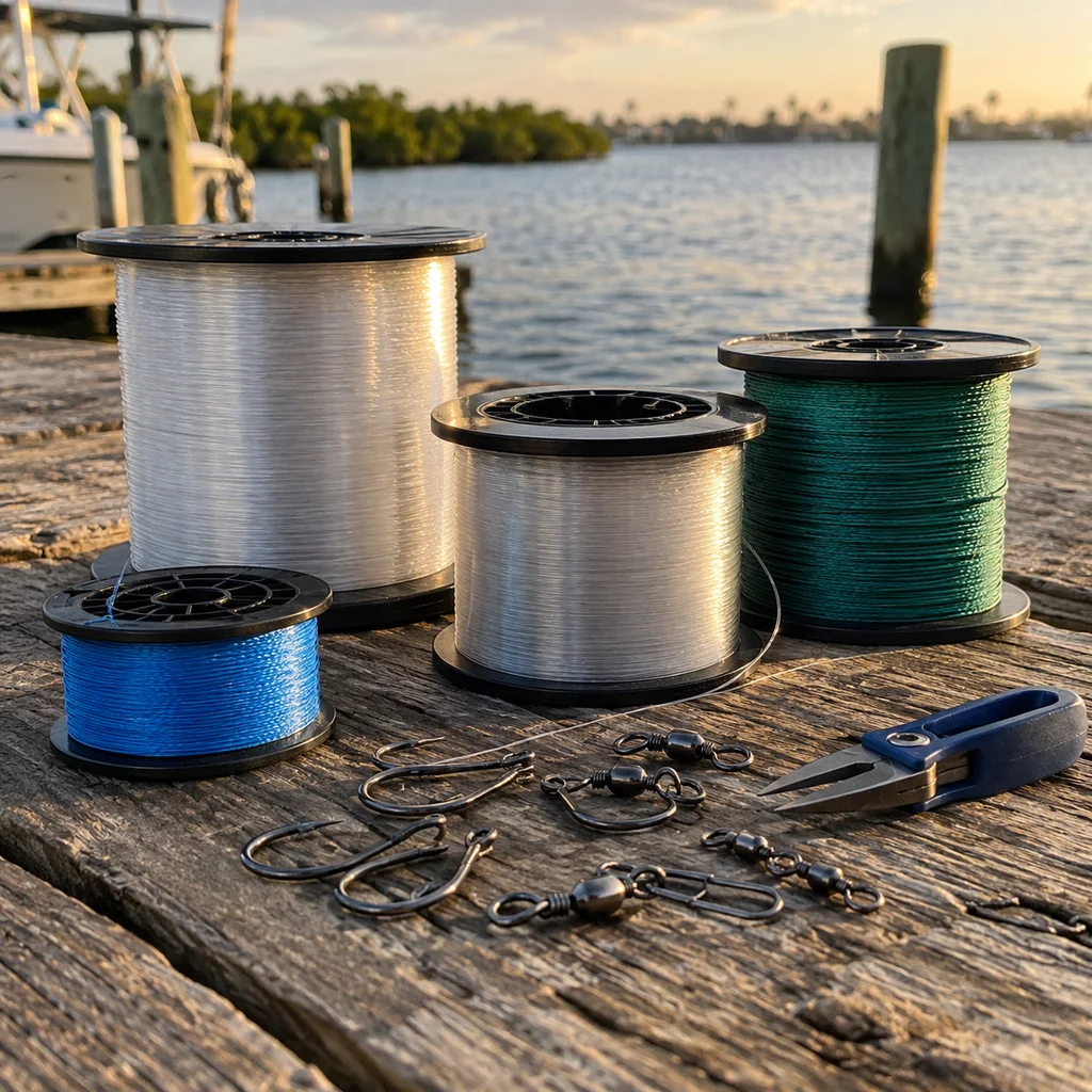 Spools of monofilament, fluorocarbon and braid with hooks on a Florida dock
