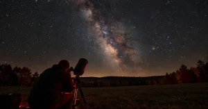 Stargazer at a reflector telescope under autumn stars in a dark Cherry Springs field