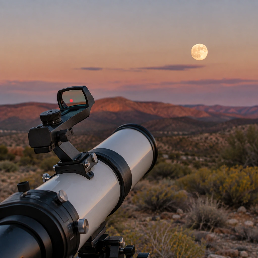 Red dot finder on a beginner refractor aimed at a rising moon in New Mexico