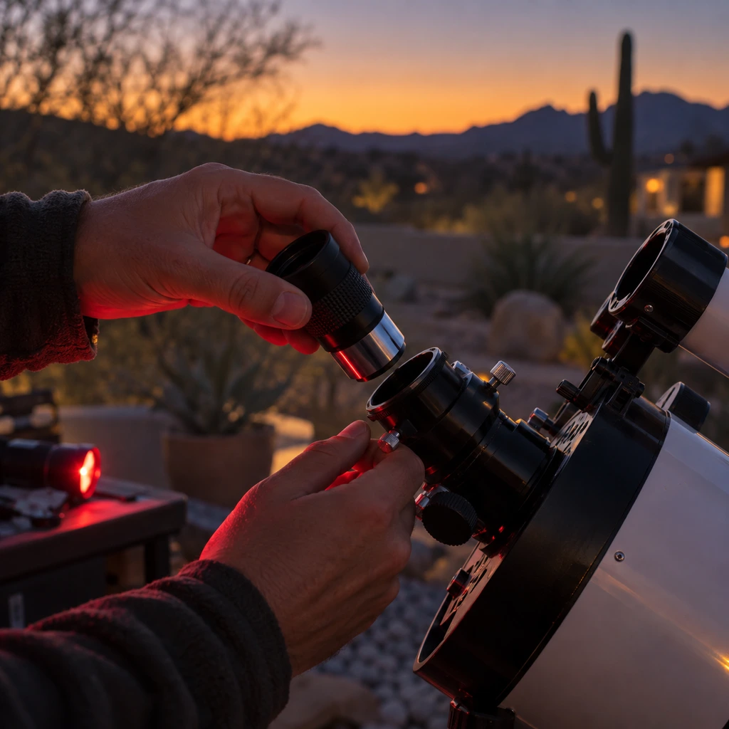 How to use a telescope: inserting an eyepiece at twilight in an Arizona backyard