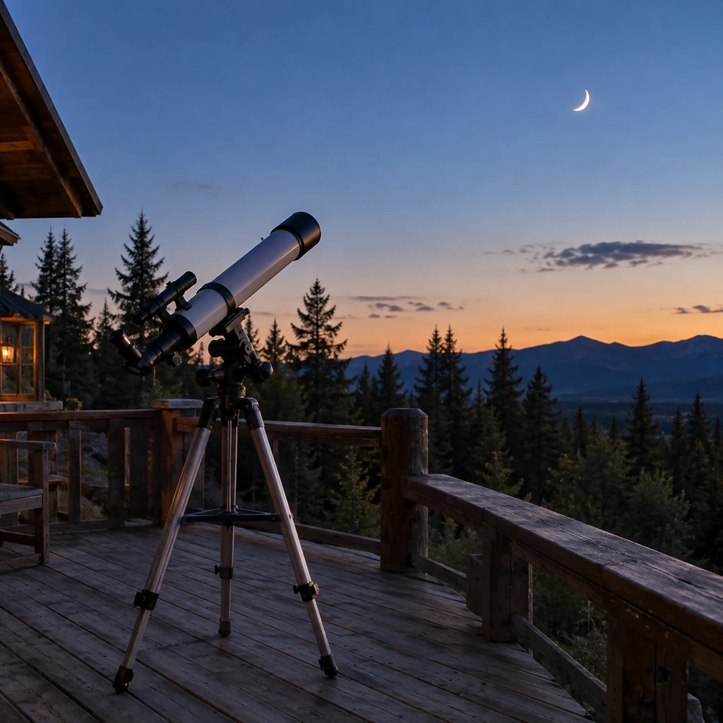 Beginner telescope on a Montana deck pointed at a crescent moon above pines