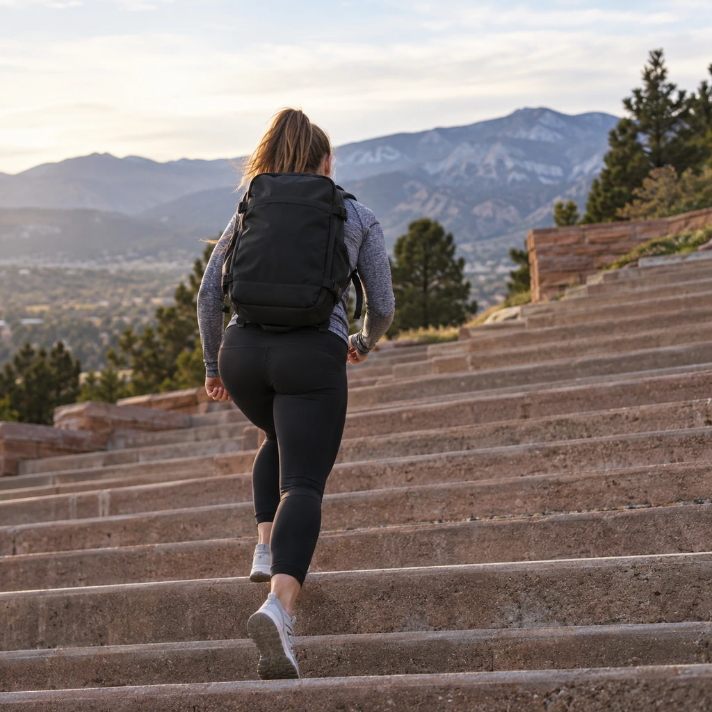 Person with a rucking backpack climbing stadium steps in a Denver park