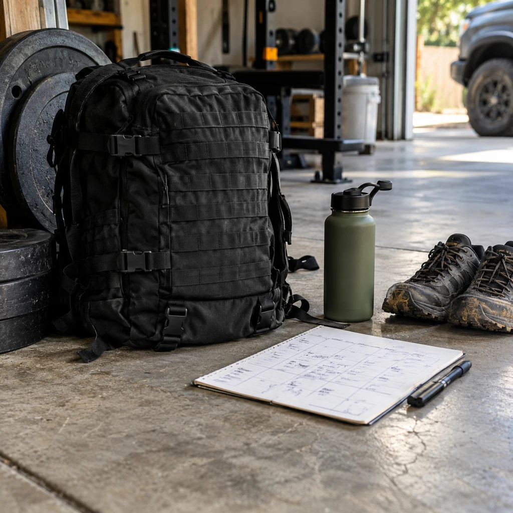 Rucking workout plan gear: ruck pack, weight plates and a weekly training calendar