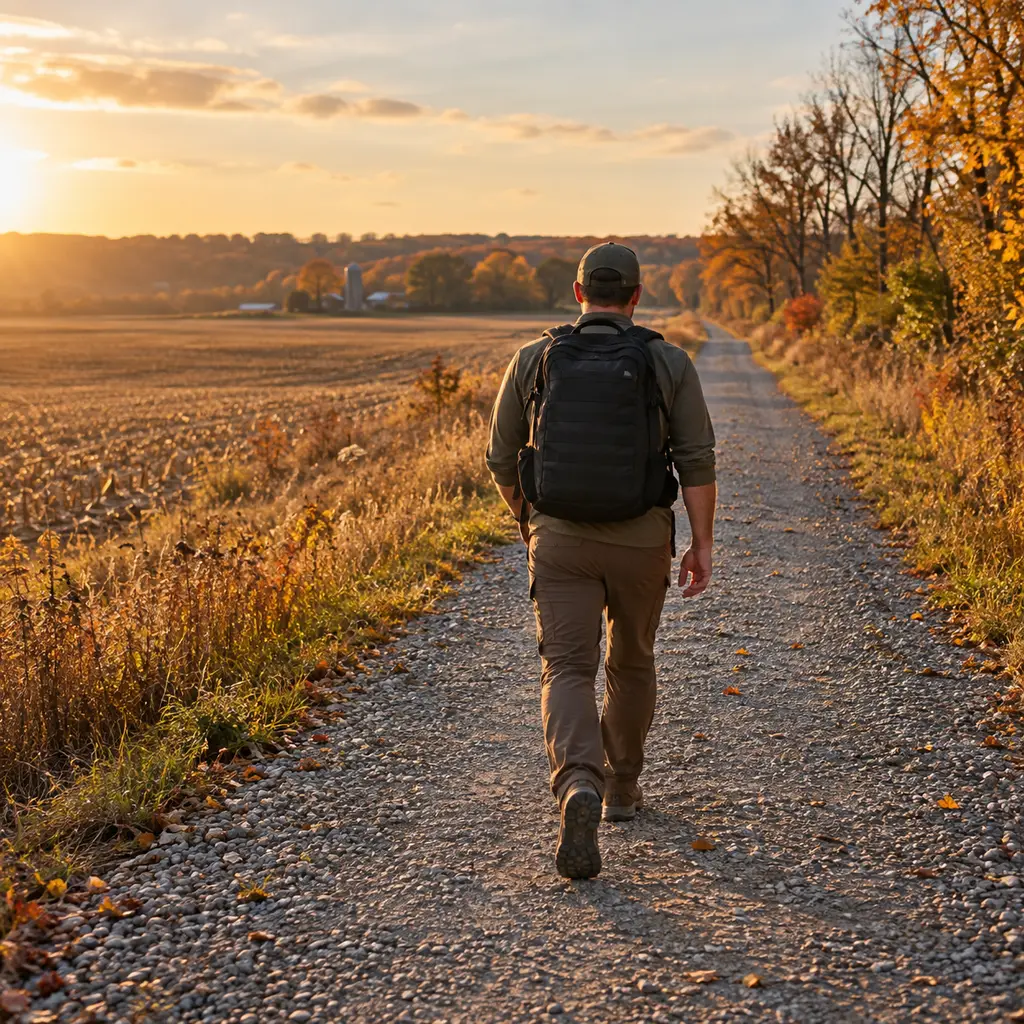 Long ruck on a gravel rail trail through fall farmland in Ohio
