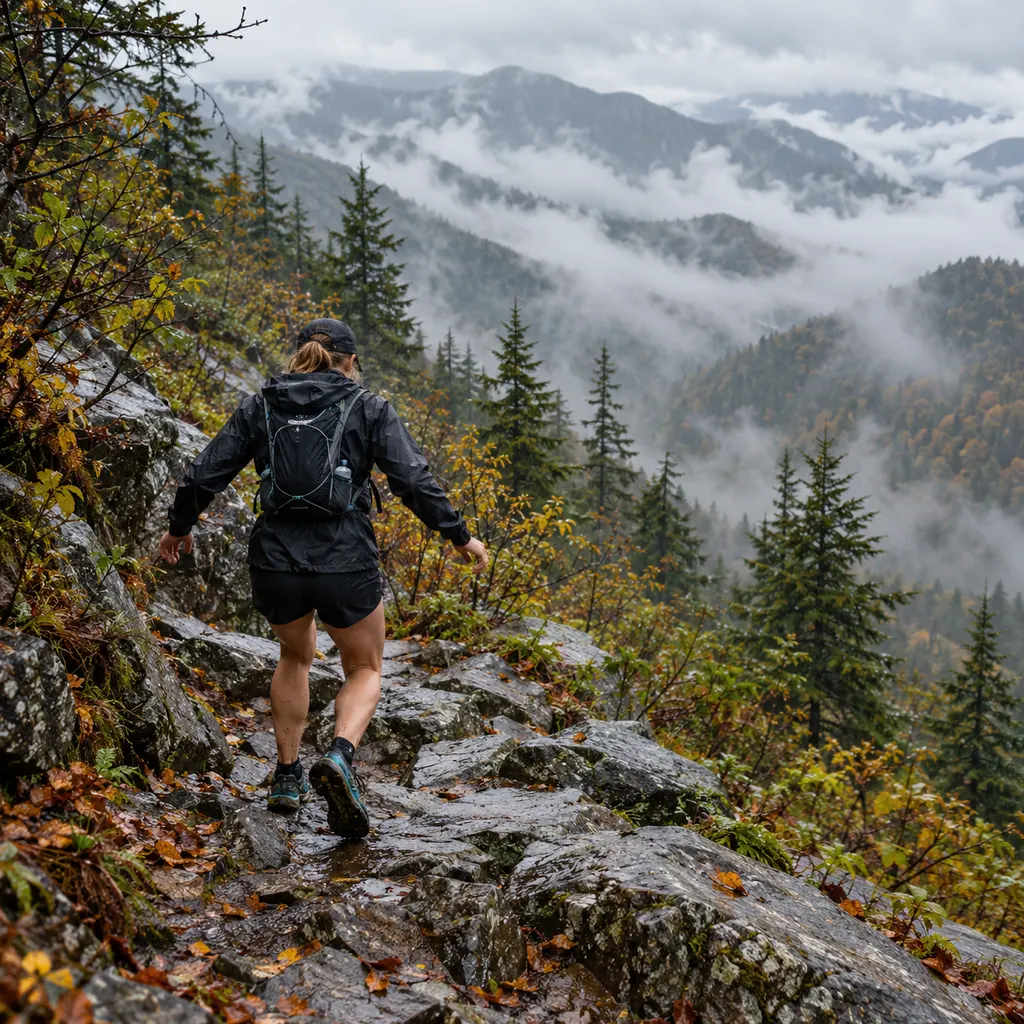 Trail runner descending a wet rocky trail with short steps in the Great Smoky Mountains