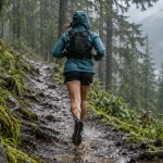 Trail runner in a rain jacket on a muddy Pacific Northwest singletrack in steady rain