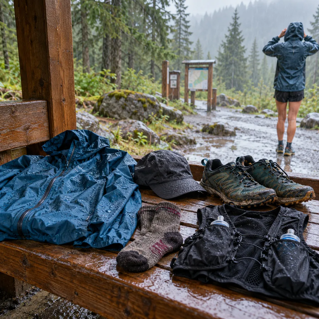 Rain trail running gear laid out on a bench under a Washington trailhead shelter