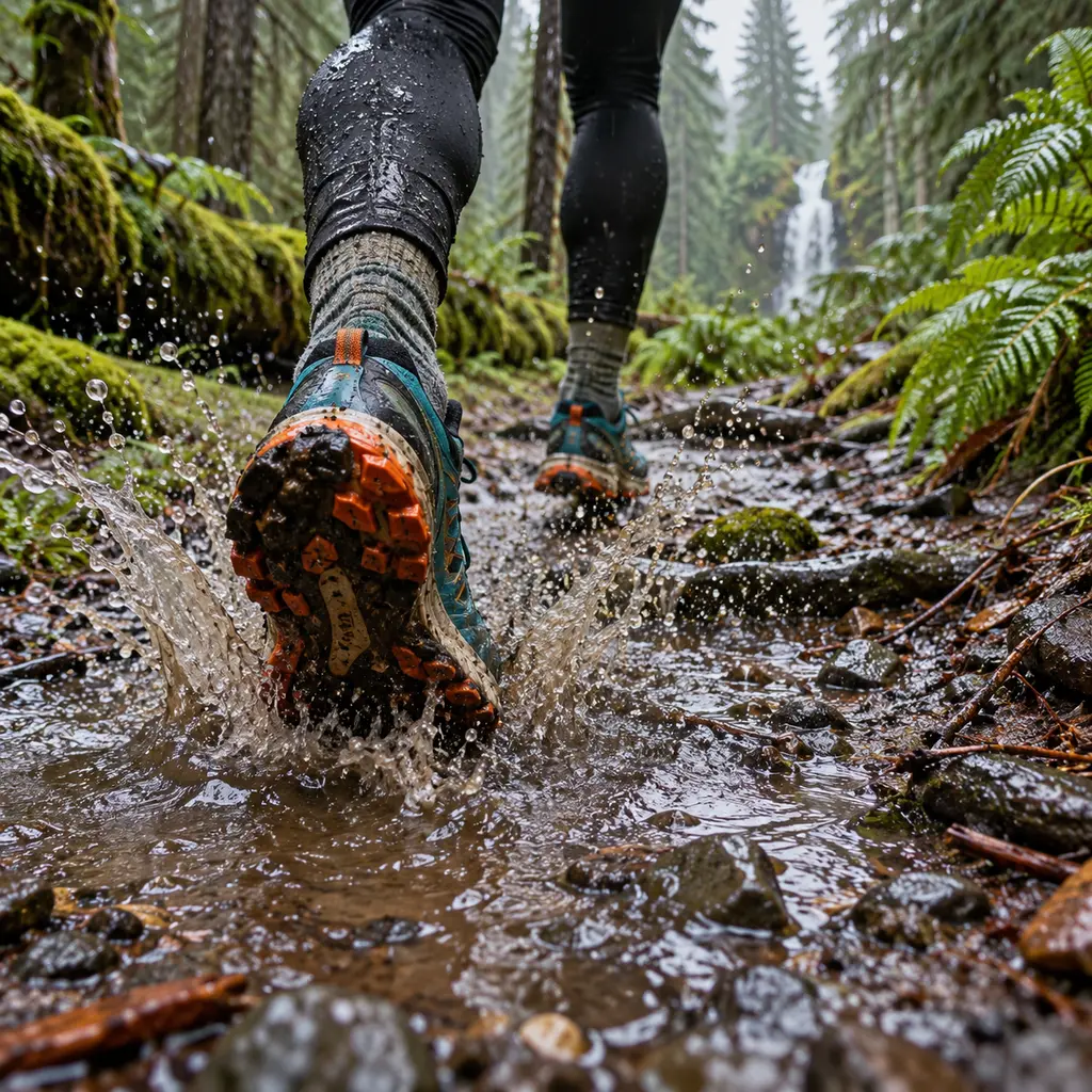 Trail running in the rain with shoes splashing through a puddle in the Oregon Cascades